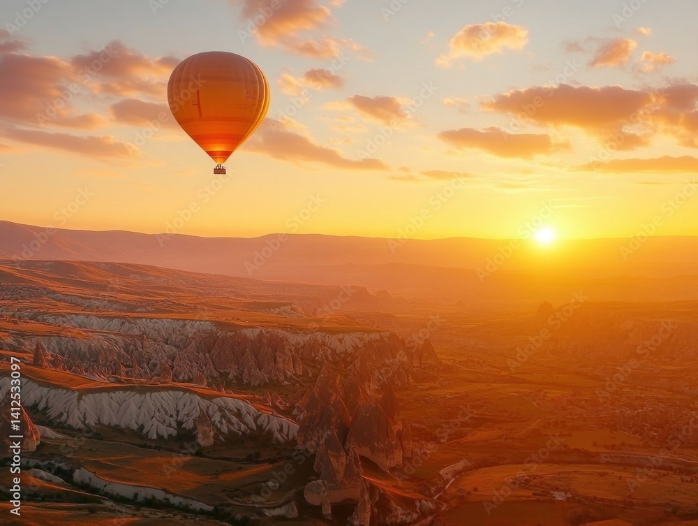 Fototapeta premium Soaring Sunset Balloonscape: A vibrant orange hot air balloon drifts gracefully through the sky during a breathtaking sunset, casting a warm, golden glow over a vast, undulating landscape.