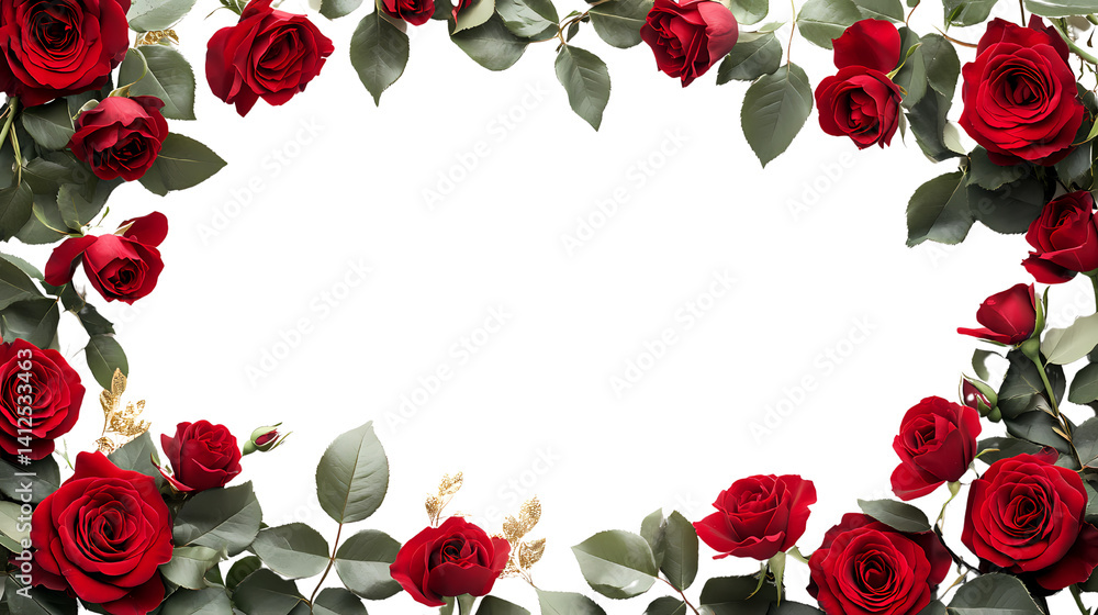 A beautiful arrangement of red roses with lush green leaves framing a blank space. A beautiful arrangement of red roses with lush green leaves framing a blank space.