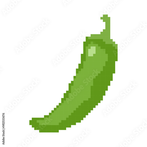 Pixel art jalapeno. Pixelated game design for stickers, mobile app. Retro pixel art. Vector illustration on white background.