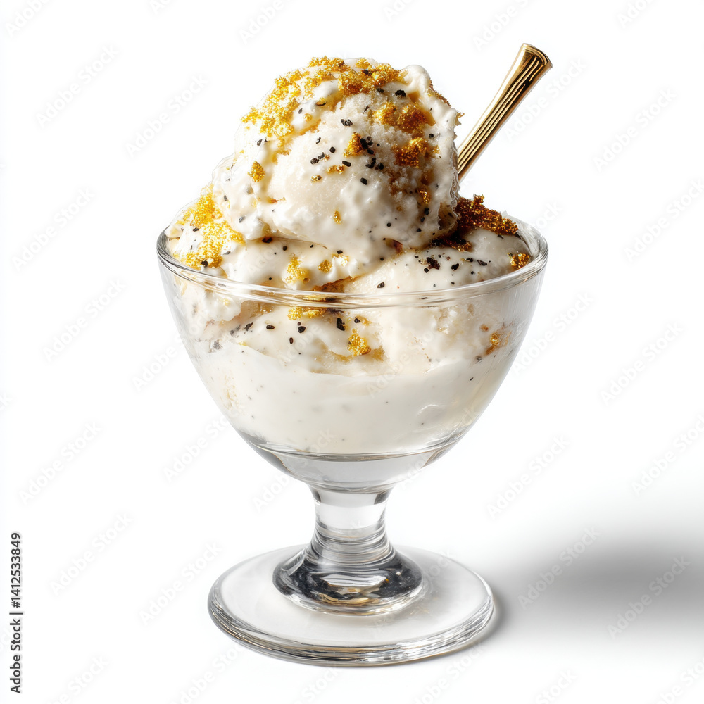 Creamy vanilla bean ice cream topped with golden sprinkles in glass dish, evoking sense of indulgence and delight