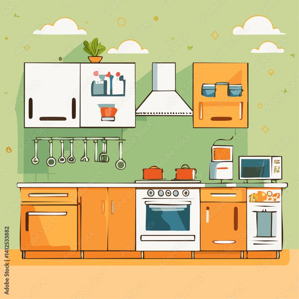 Flat line drawing of a modern minimalist kitchen with appliances on the counter