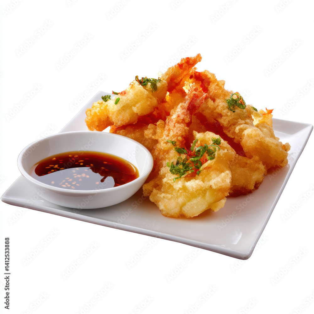 Crispy tempura served on white plate with small bowl of dipping sauce, garnished with herbs, creating delightful culinary experience