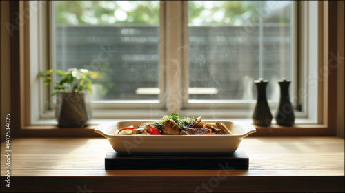 Obraz na płótnie steaming dish of Teppanyaki sits on wooden table, surrounded by serene kitchen setting with plants and decorative items w salonie