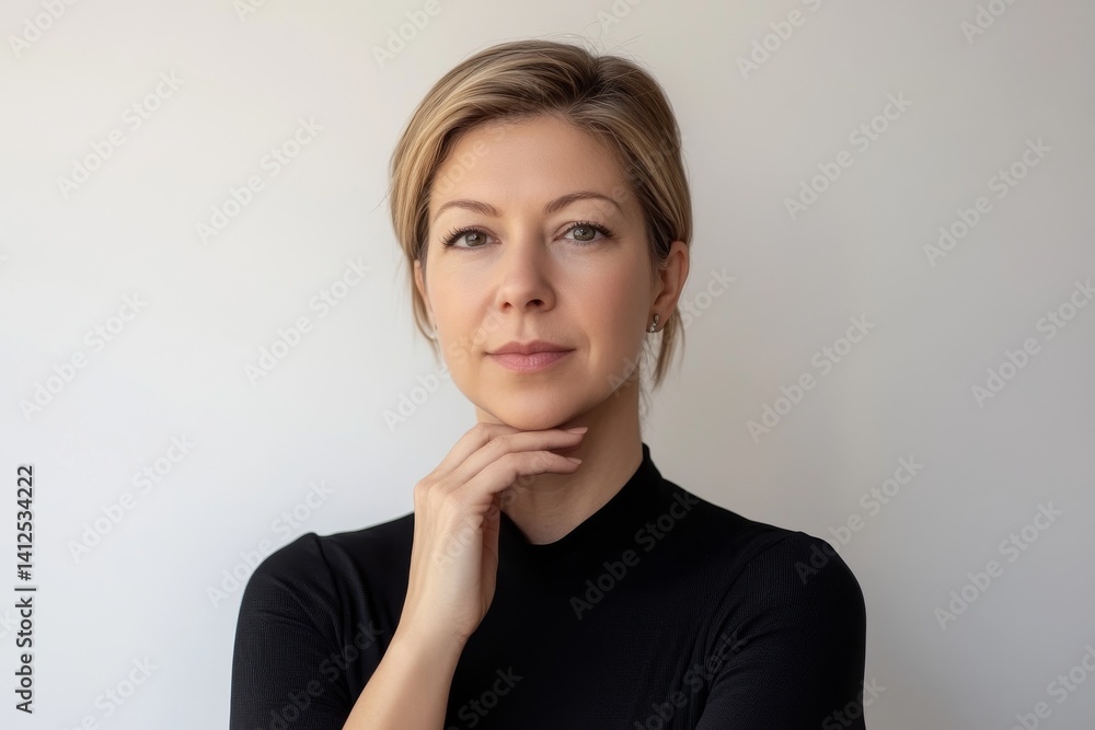 A woman with flawless skin, subtle makeup, and blonde locks framing her face gazes to the side, her bare shoulders exposed A woman with flawless skin, subtle makeup, and blonde locks framing her face gazes to the side, her bare shoulders exposed