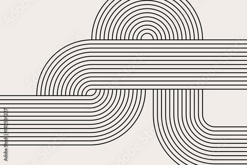 Artistic abstract representation featuring curved black lines on a white background, forming symmetrical interlocking minimalist geometric patterns.