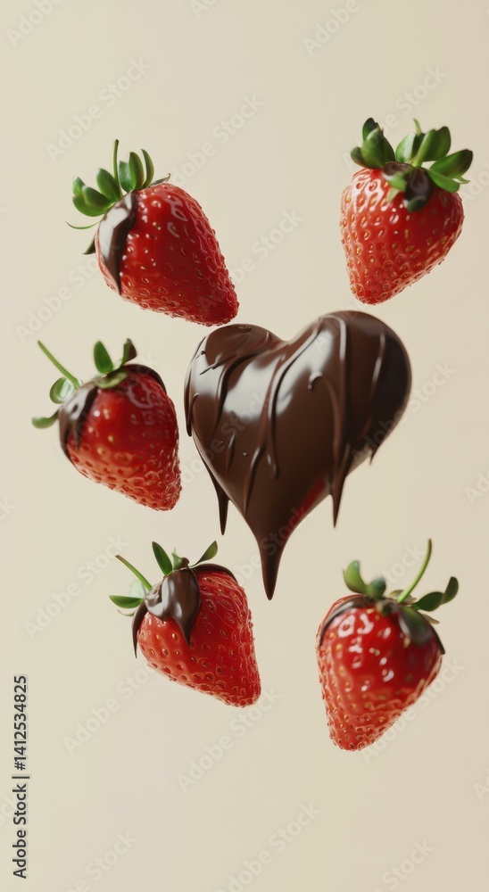 Chocolate Heart Strawberry Chocolate Drizzle Beige Background Chocolate Heart Strawberry Chocolate Drizzle Beige Background