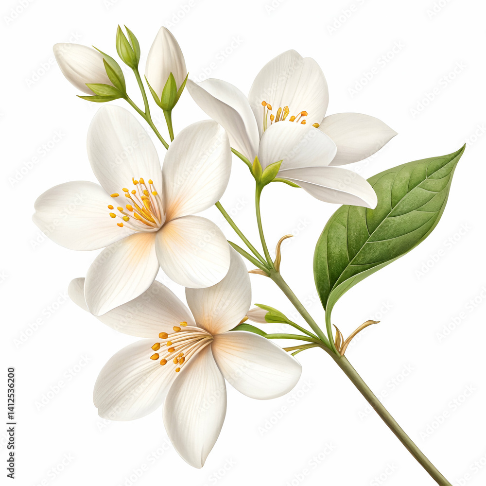 Fototapeta premium Jasmine 3D rendered flower perfectly isolated on a white background with soft white petals and intricate details 