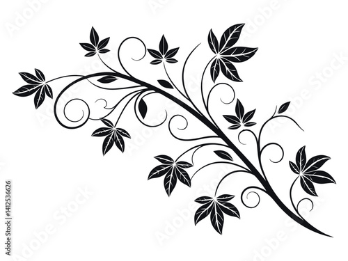 ivy vine design element, minimalistic vector of leaves in outline, plant stem or tree branch clip-art, pretty curving floral design isolated on white background, decorative wedding invitation art
