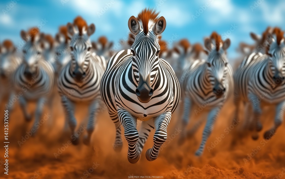 Fototapeta premium A Majestic Zebra Herd Running Through the African Savanna