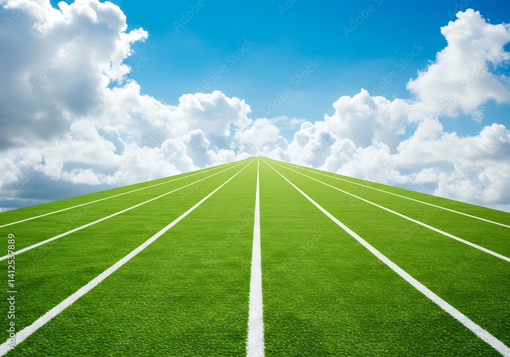 Obraz premium Athletic Field Rises to the Sky on Sunny Day, Showcasing Green Turf and White Lines in a Motivational Landscape with Fluffy Clouds and a Bright Blue Horizon