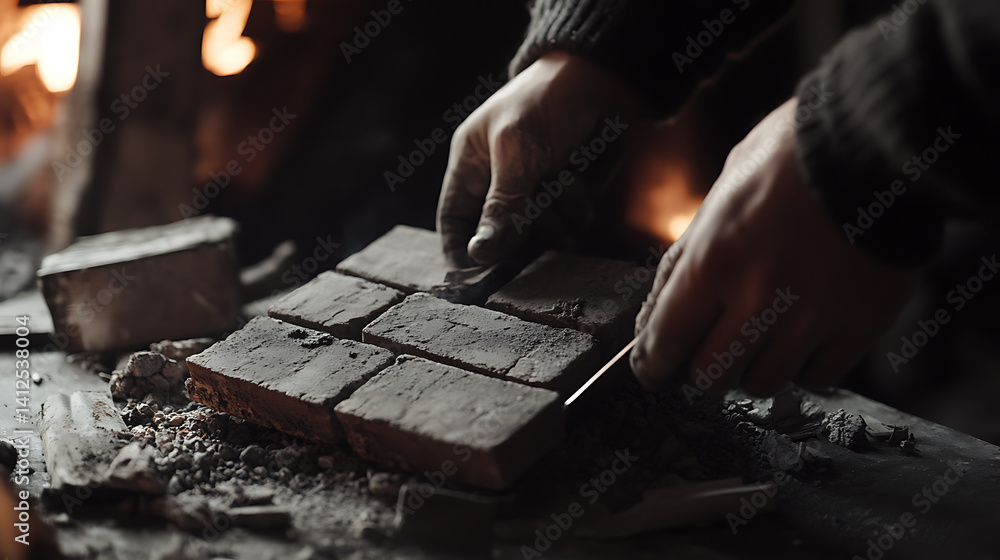 Mason laying bricks for a fireplace installation. Craftsmanship and warmth Mason laying bricks for a fireplace installation. Craftsmanship and warmth
