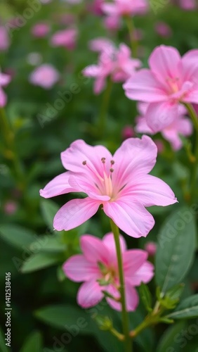 Delicate pink flower with soft petals in green garden, flowers, pink, green