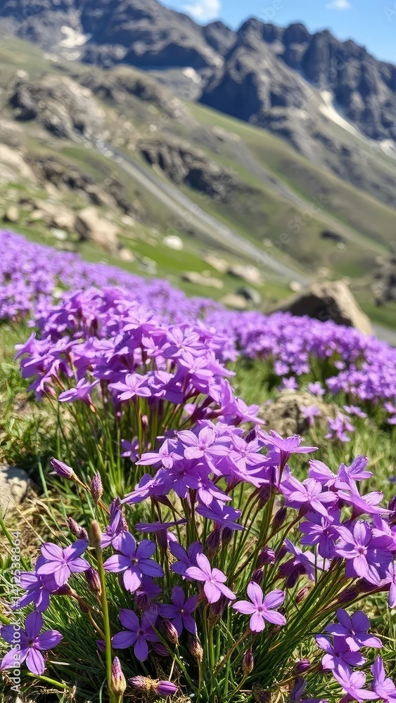 Obraz premium delicate purple flowers blooming in a mountain meadow, mountain blooms, grassy slopes, rocky terrain