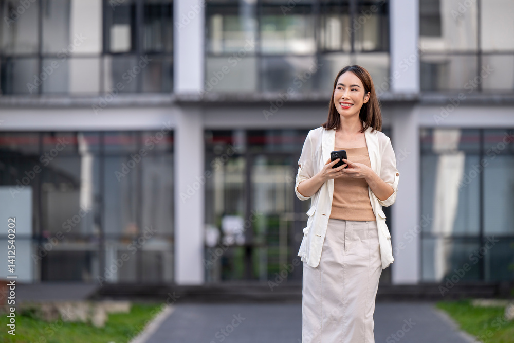 A woman is walking down a sidewalk with a cell phone in her hand A woman is walking down a sidewalk with a cell phone in her hand