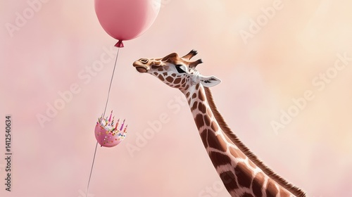 Giraffe with a Pink Balloon: A charming and whimsical image featuring a giraffe reaching for a vibrant pink balloon, symbolizing playfulness, dreams, and joy. 