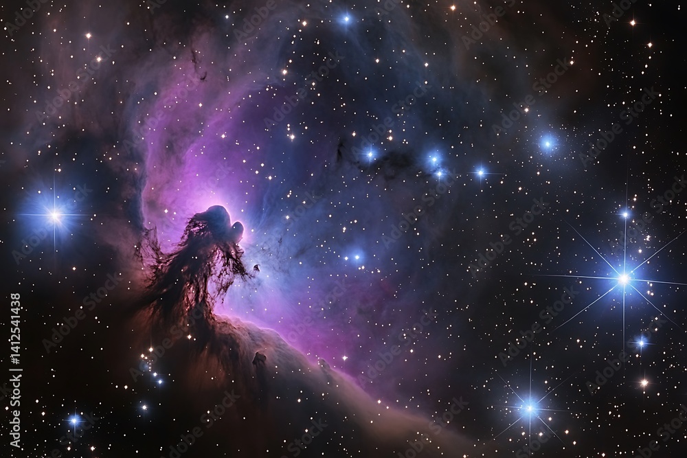 Naklejka premium Stunning cosmic nebula with vibrant purple and blue hues, showcasing the beauty of deep space