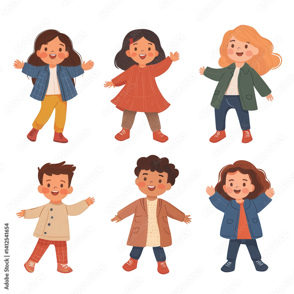A cheerful group of diverse children with different hairstyles and outfits, smiling and posing playfully against a white isolated background. A cheerful group of diverse children with different hairstyles and outfits, smiling and posing playfully against a white isolated background.
