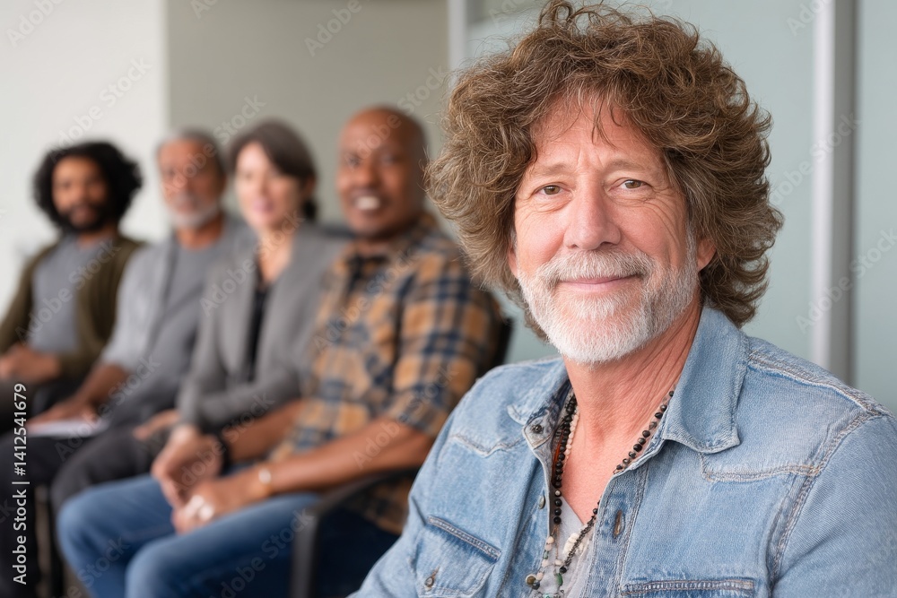 Fototapeta premium The profile of a mature male is woven into the narrative as the group therapy progresses