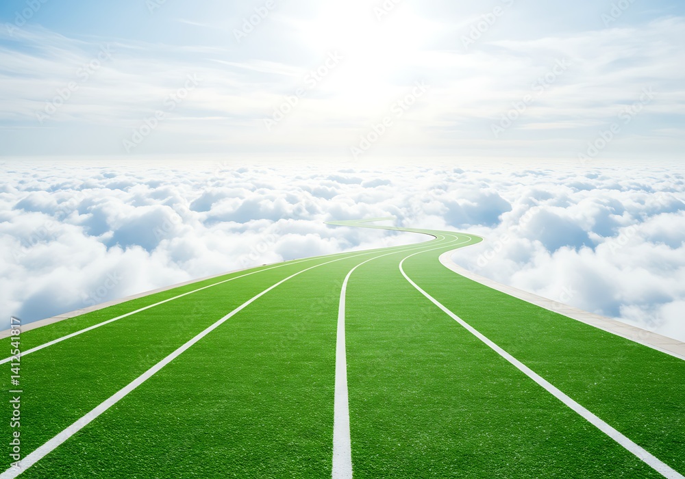 Obraz premium Green Sky Track Ascends Through White Clouds: Leading the Way to Success, Future Concepts, Hopeful, Clear Skies, Business Metaphor