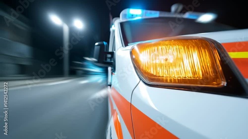 Dynamic close-up of a ambulance or emergency vehicle’s amber warning beacon illuminated against a night backdrop, with intentional motion blur creating streaks of blue light