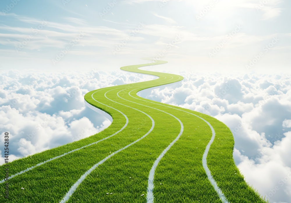 Obraz premium Ascending Green Turf Track Above Cloudscape: Pathway to Success, Hopeful Future, Business Goals, Dreamy, Conceptual, Bright, Serene, Metaphorical, Guidance, Innovation, Ambition