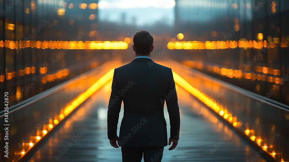 Man in suit walks towards bright city lights future ambition urban journey warm night tones blurred