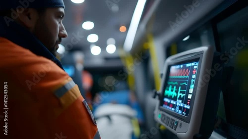 EMT Observing Cardiac Monitor in Ambulance. A paramedic in uniform monitoring a patient’s vital signs on a digital display. Critical health parameters. First aid.