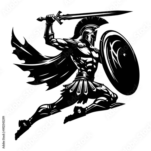 Silhouette vector of a Spartan soldier poised to strike, capturing the intensity of ancient warfare. Ideal for martial and historical themes.