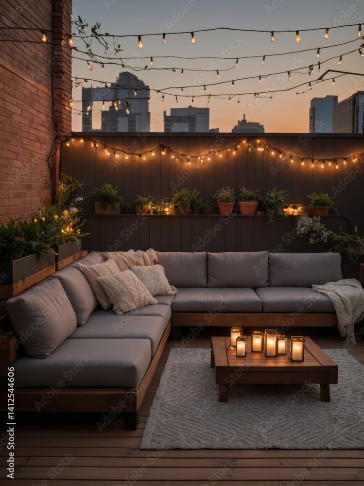 A cozy outdoor patio setting at dusk with city views A cozy outdoor patio setting at dusk with city views