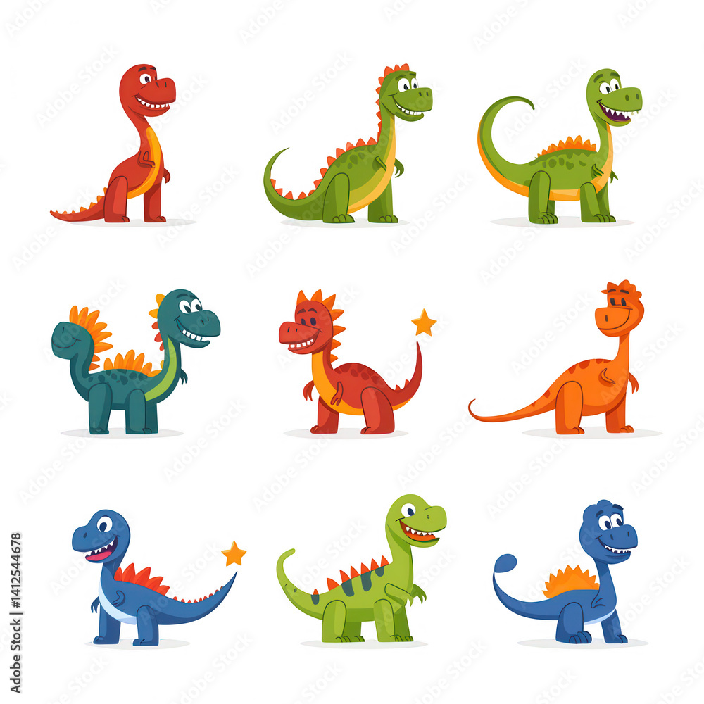 Obraz premium A colorful collection of cartoon dinosaurs in various poses, showcasing playful expressions and vibrant designs against a white isolated background.