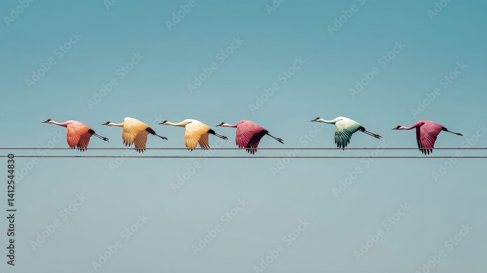 Colorful cranes flying in perfect harmony along power lines in blue sky background