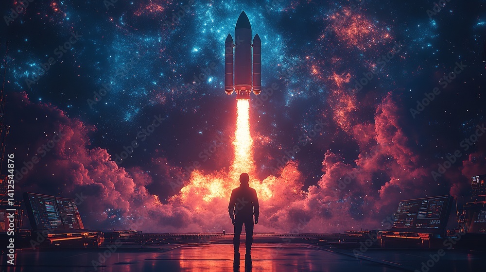 Witnessing a rocket launch into a vibrant nebula a man silhouetted against fiery exhaust and cosmic