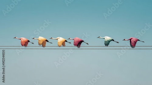 Obraz na płótnie Colorful cranes flying in perfect harmony along power lines in blue sky background w salonie