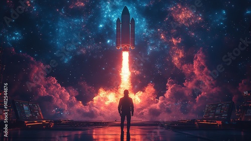 Obraz na płótnie Witnessing a rocket launch into a vibrant nebula a man silhouetted against fiery exhaust and cosmic w salonie
