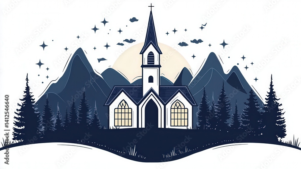 Fototapeta premium Church spire and window silhouettes, medieval architecture, white background, flat design illustration