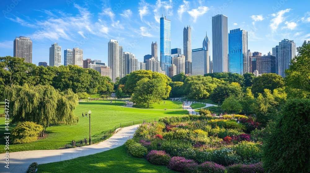 Fototapeta premium Green public park in city center with walking paths and trees