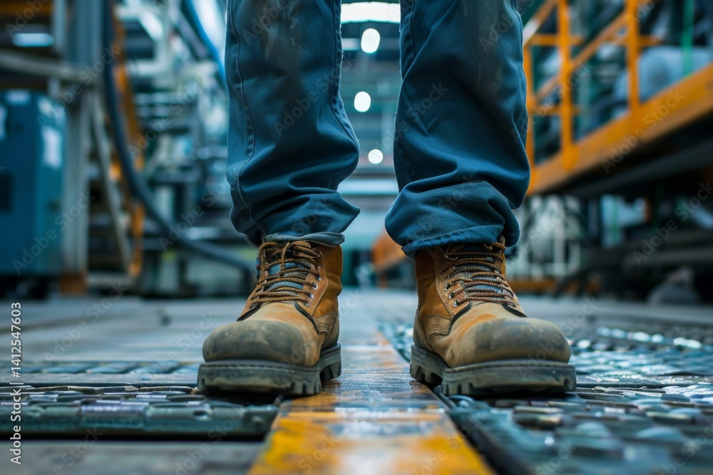 factory worker wearing safety shoes while in a factory factory worker wearing safety shoes while in a factory