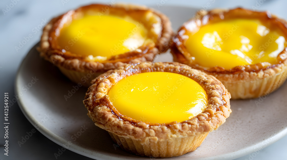 Delicious Hong Kong Style Egg Tarts on Plate with Golden Custard Filling and Crispy Pastry Shells Delicious Hong Kong Style Egg Tarts on Plate with Golden Custard Filling and Crispy Pastry Shells