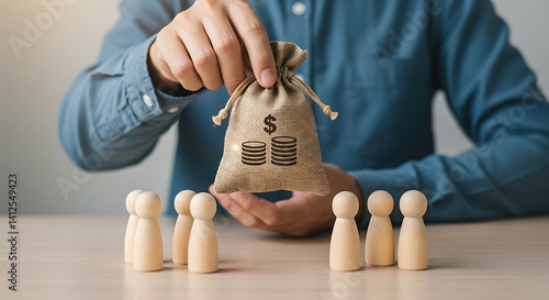 Person holding money bag, symbolic wealth distribution concept, suitable for finance and business presentations
