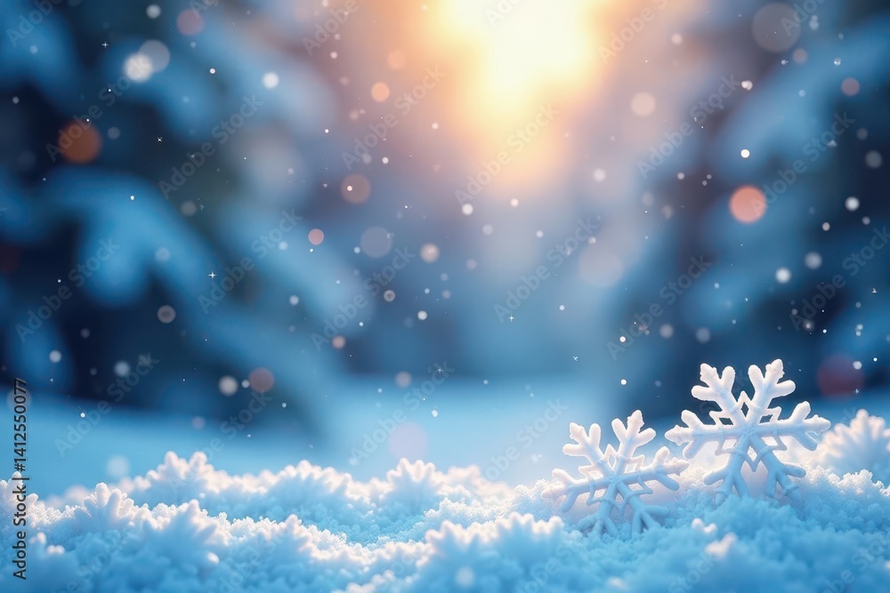 Abstract snowflakes, starburst, blurred snowy landscape, texture, background, backdrop Abstract snowflakes, starburst, blurred snowy landscape, texture, background, backdrop