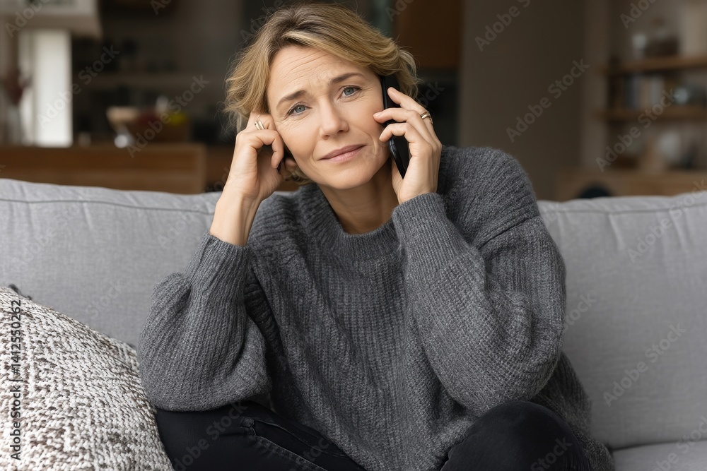 The concept of mental health, depression, and psychological help is illustrated by a close-up of a woman at home, stressed, and on the phone The concept of mental health, depression, and psychological help is illustrated by a close-up of a woman at home, stressed, and on the phone