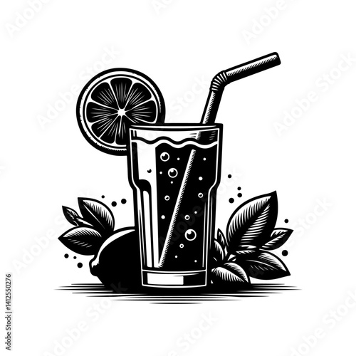 Fresh cocktail with lemonade, juice, and citrus slices in a glass with a straw