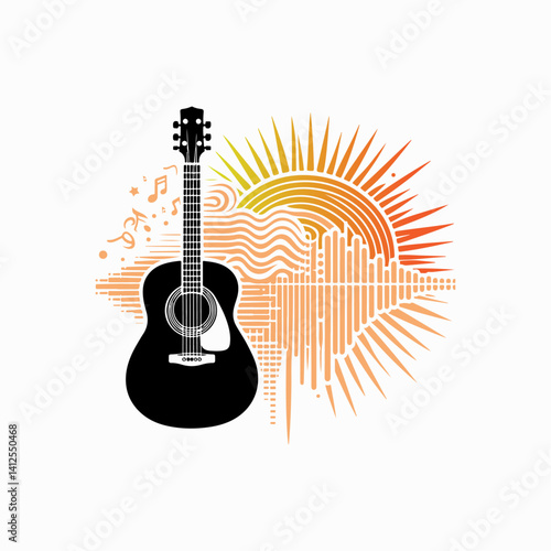 Vector illustration of an acoustic guitar with strings, wood texture, and a classic design, perfect for music, band, and concert themes