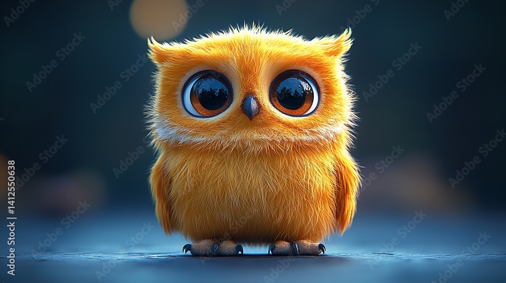 Adorable fluffy orange owl with big eyes soft lighting dark background