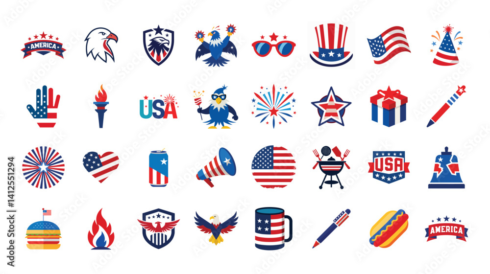 Fototapeta premium America Independence Day vector set. 32 design bundle collection for 4th of July