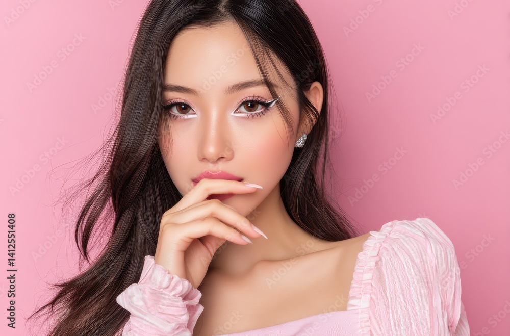 an Asian woman with long hair, holding her chin in front and wearing pink makeup. She has white eyeliner on both eyes and is posing for the camera. an Asian woman with long hair, holding her chin in front and wearing pink makeup. She has white eyeliner on both eyes and is posing for the camera.