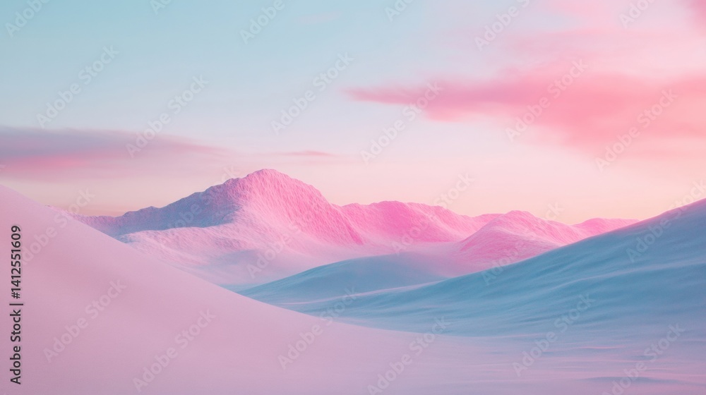 Fototapeta premium Snow-covered mountains rise under a soft pink and blue sky during early morning light, creating a tranquil winter scene