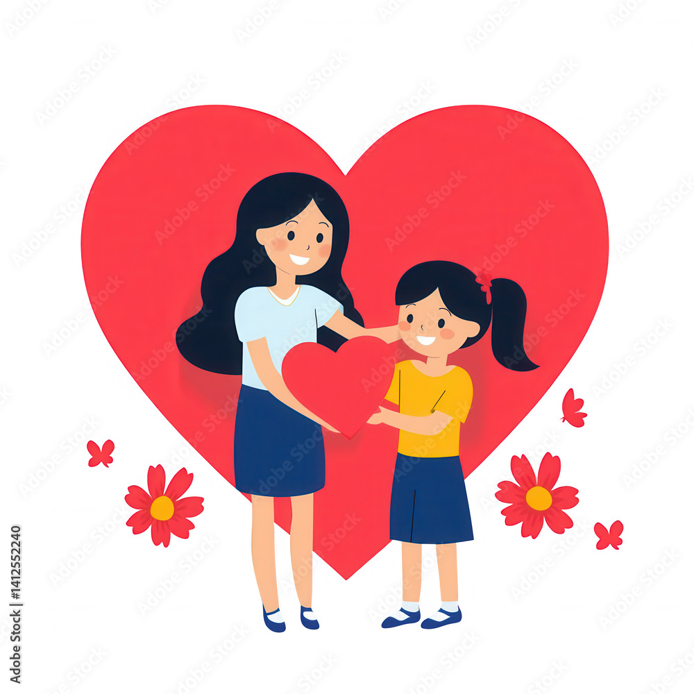 Fototapeta premium A mother and daughter sharing a heart in front of a large heart shape, surrounded by flowers, symbolizing love and connection.