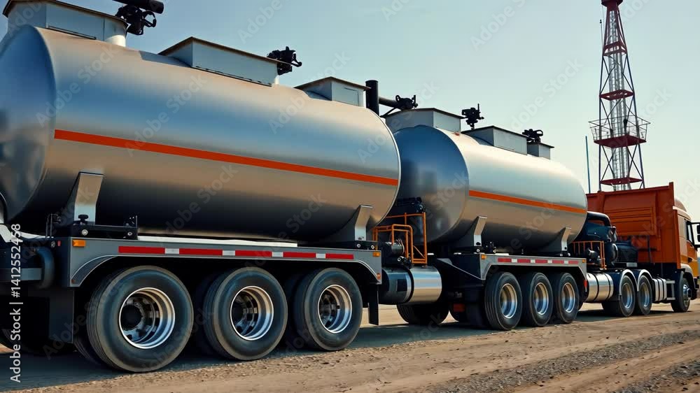 Heavy duty truck transporting fuel tanks on a dirt road near an oil ...