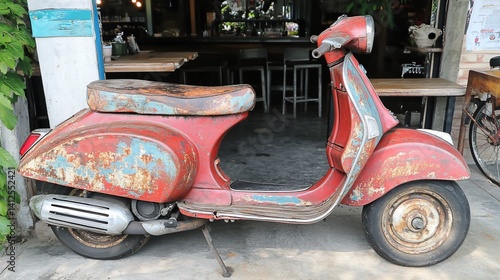 Rusty red scooter parked outdoors